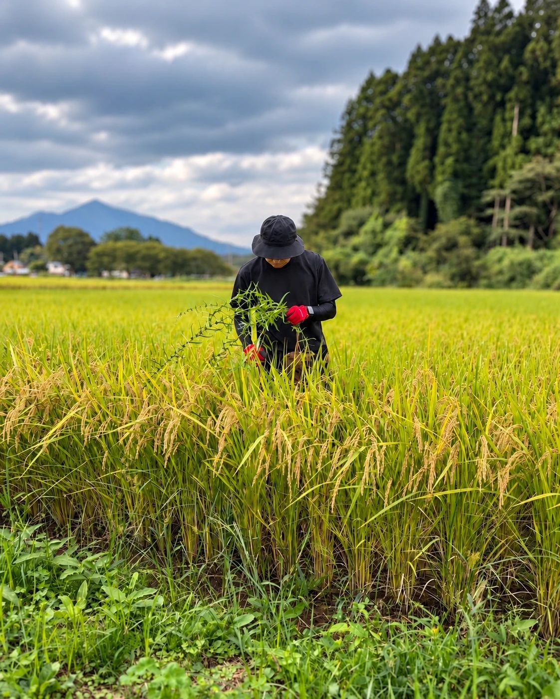 実った稲の中で手で草を取る大島佑太